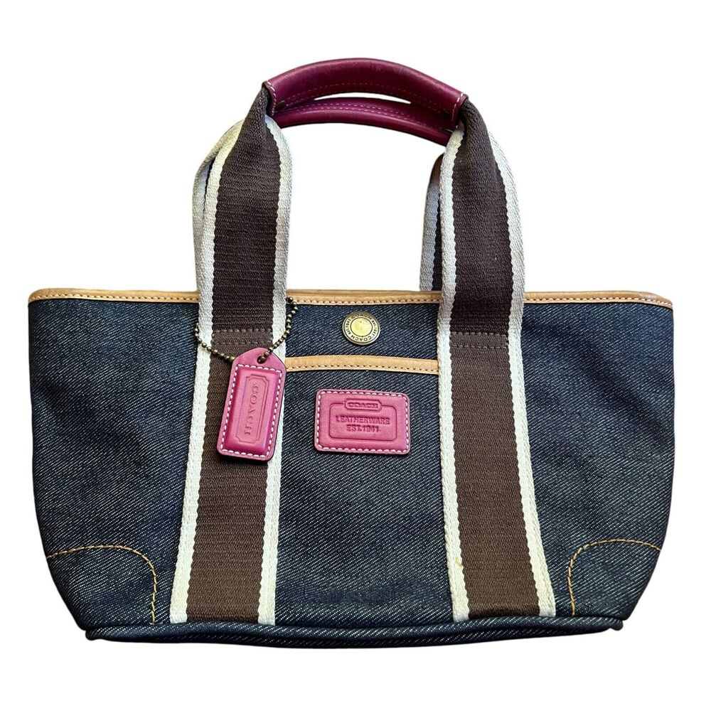 COACH MINI DENIM HAMPTON WEEKENDER LEATHER TOTE BAG B04M-4497 BLUE DENIM PINK